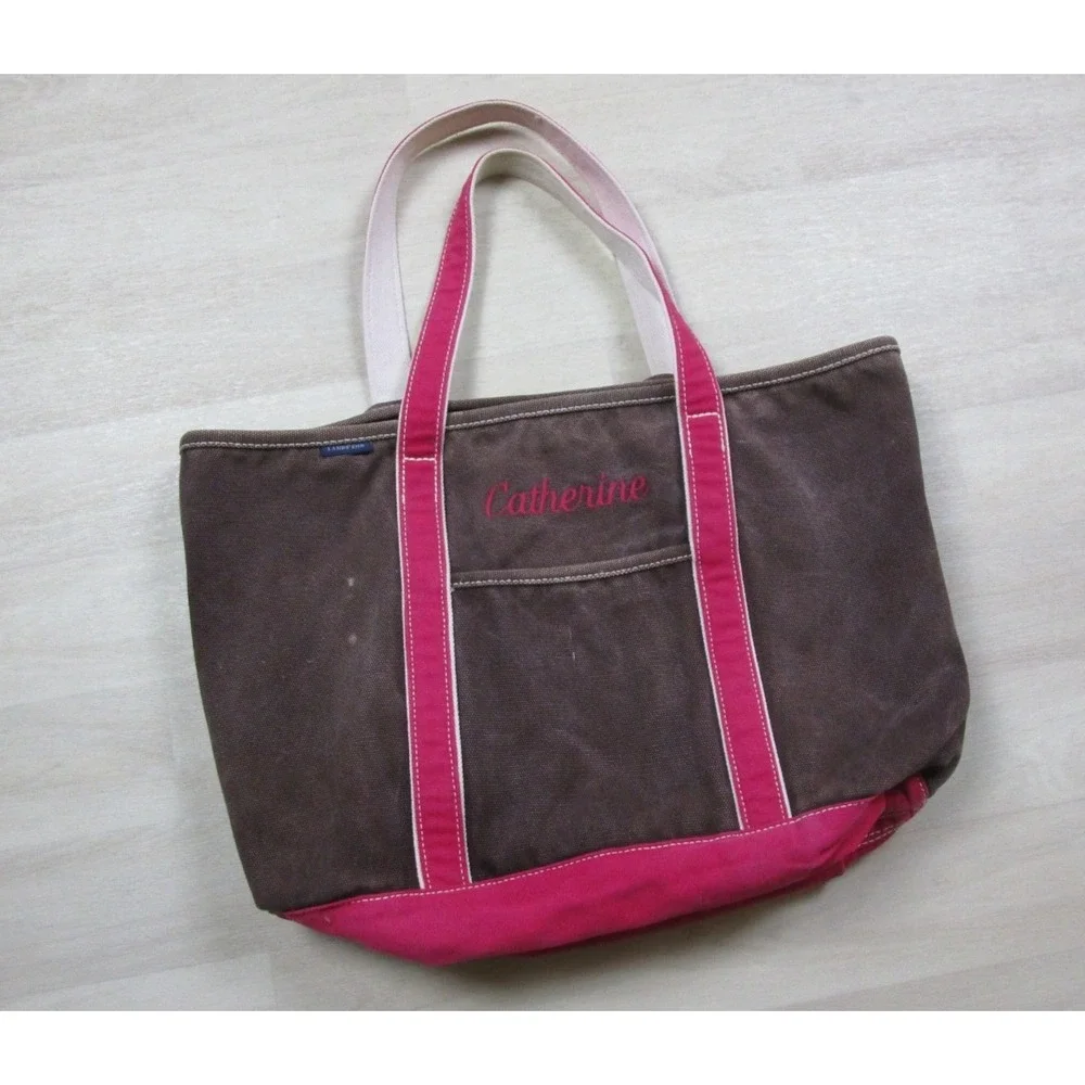 Vintage Y2K Lands End Tote Bag Heavyweight‎ Canvas Brown Pink 